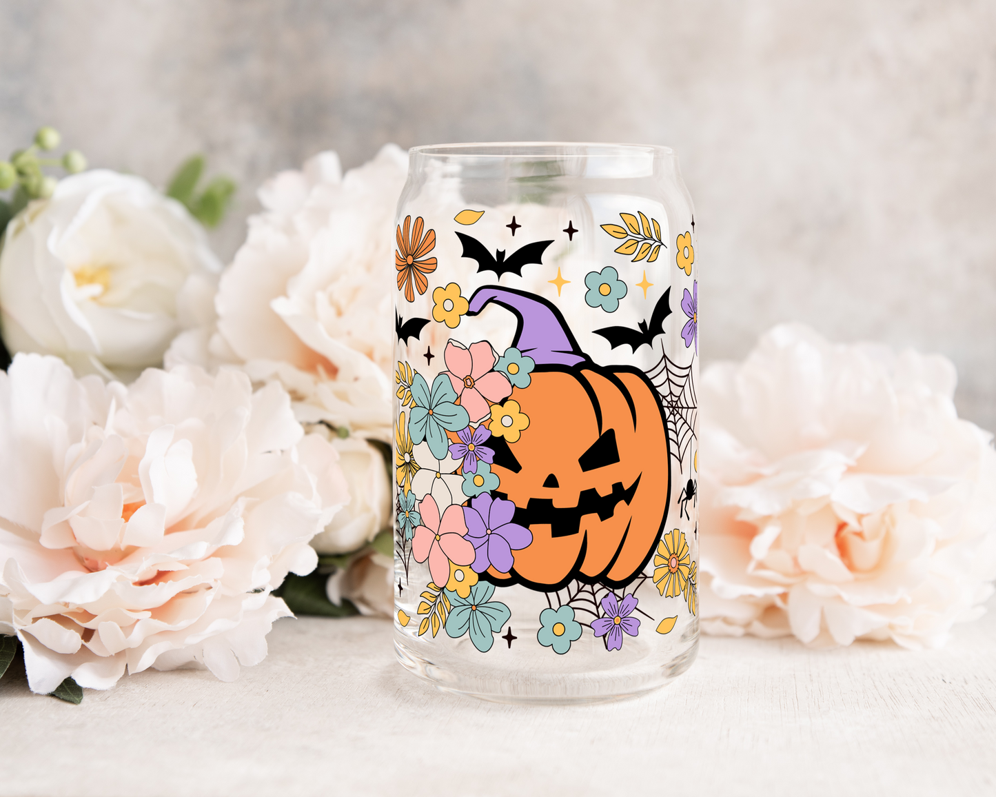 Floral Pumpkin - UV DTF 16 oz Libbey Cup Wrap (Ready to Ship)