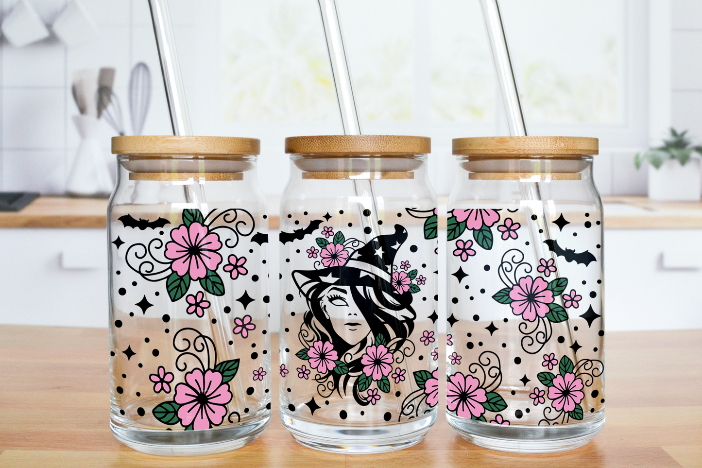 Floral Witch - UV DTF 16 oz Libbey Cup Wrap (Ready to Ship)