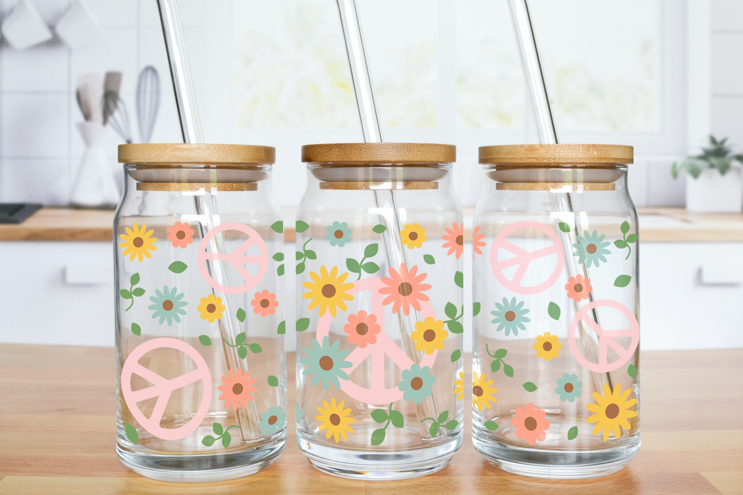 Flower Peace - UV DTF 16 oz Libbey Cup Wrap (Ready to Ship)