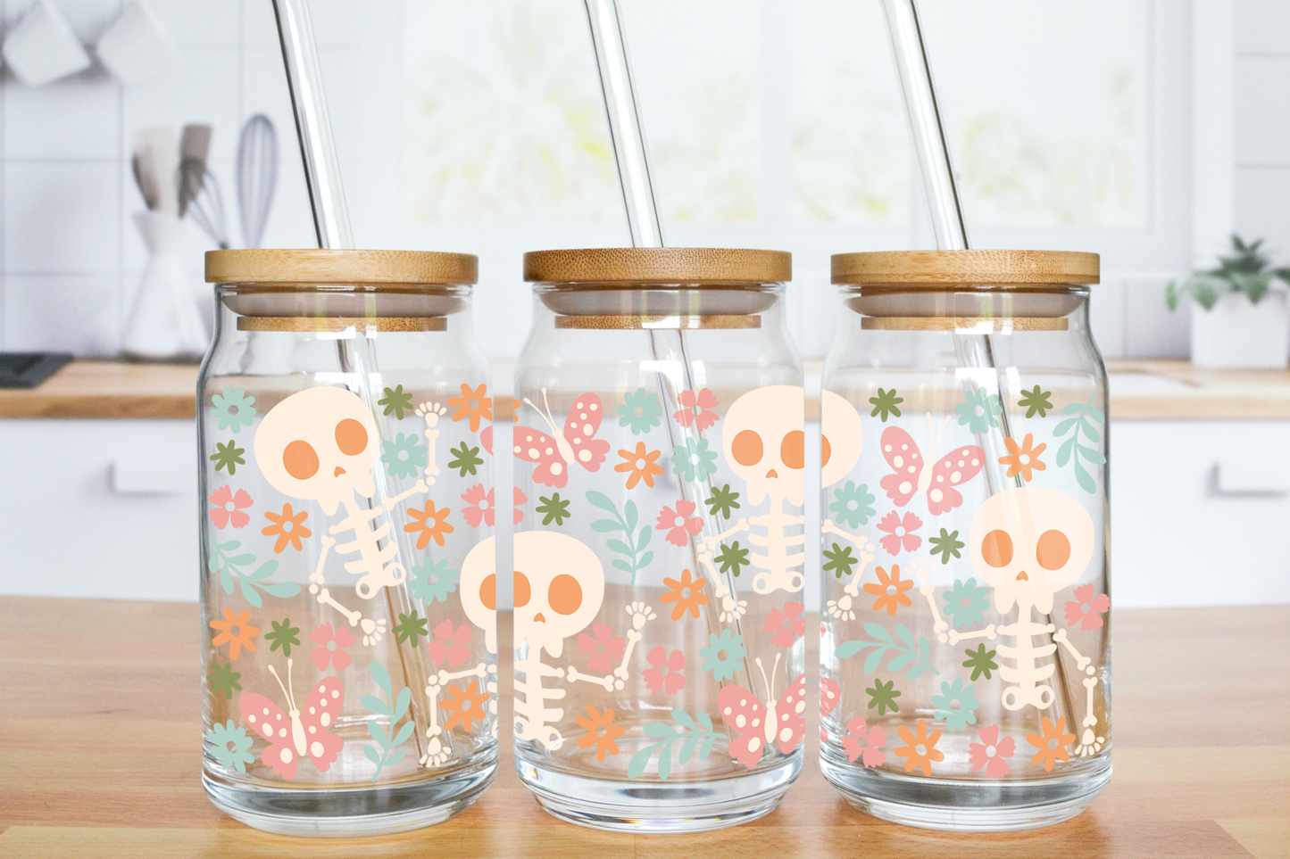 Flower and Butterflies Skellie - UV DTF 16 oz Libbey Cup Wrap (Ready to Ship)