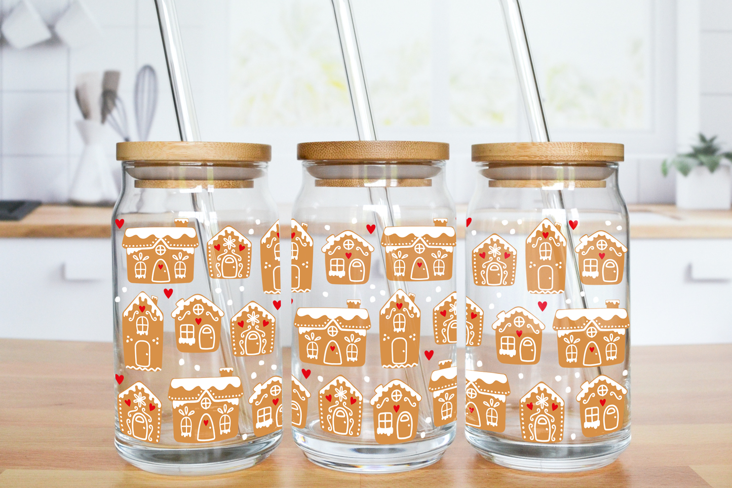 Gingerbread Houses - UV DTF 16 oz Libbey Cup Wrap (Ready to Ship)