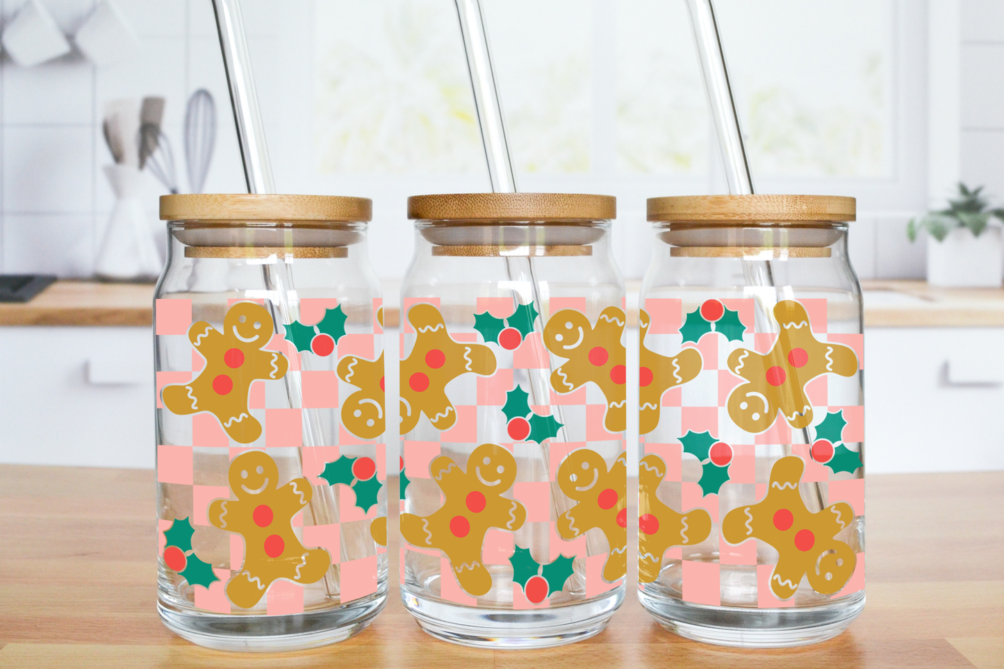 Gingerbread Man Checkered - UV DTF 16 oz Libbey Cup Wrap (Ready to Ship)