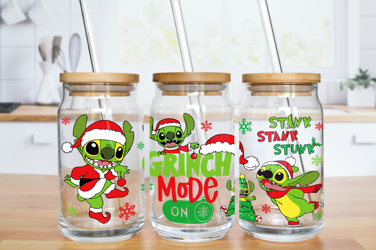 Green Alien Christmas Vibes - UV DTF 16 oz Libbey Cup Wrap (Ready to Ship)