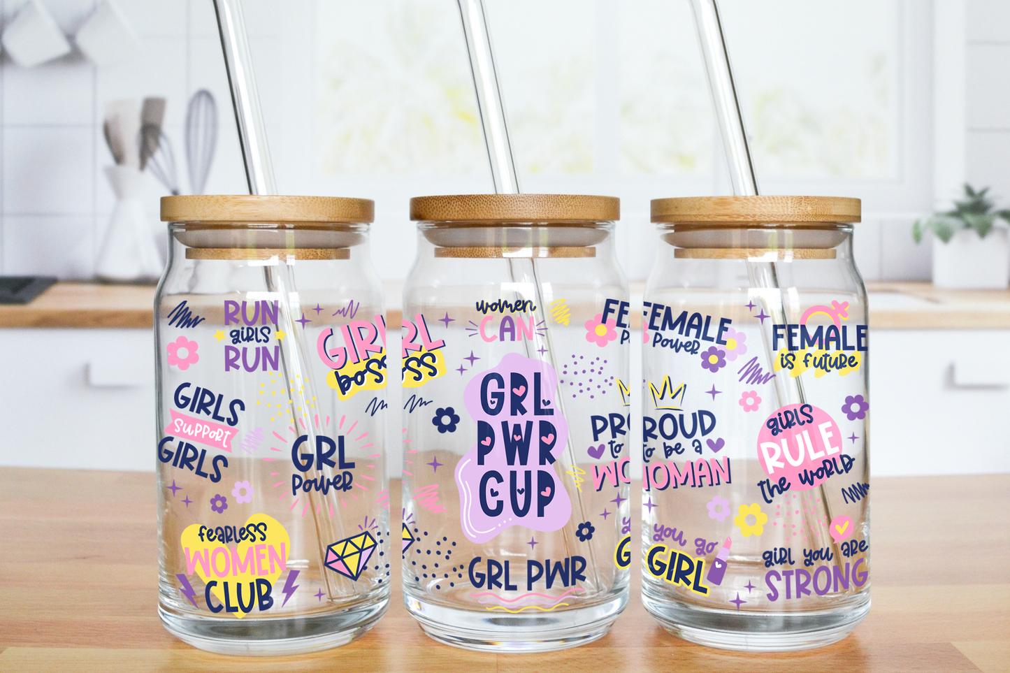 Grl Pwr - UV DTF 16 oz Libbey Cup Wrap (Ready to Ship)