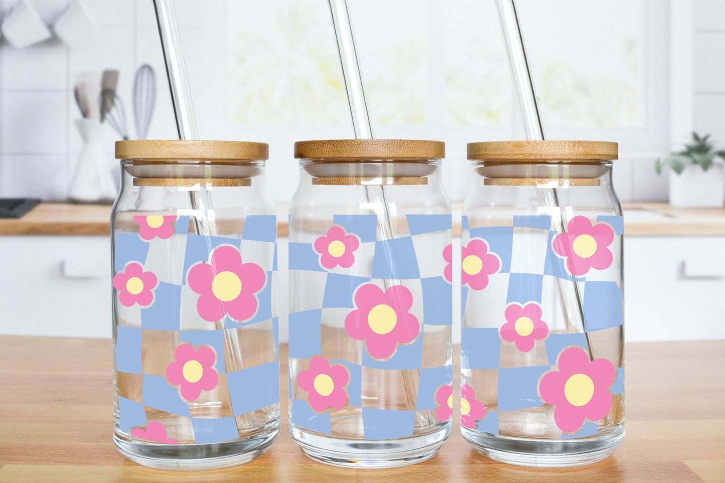 Groovy Checkered Flower - UV DTF 16 oz Libbey Cup Wrap (Ready to Ship)