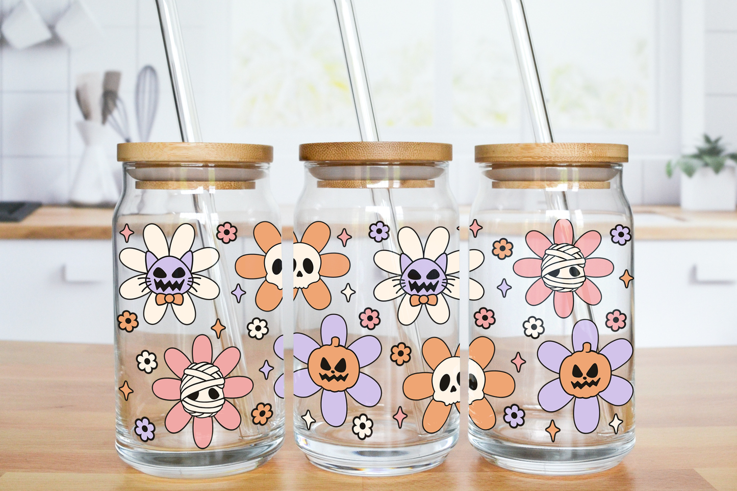 Halloween Daisies - UV DTF 16 oz Libbey Cup Wrap (Ready to Ship)