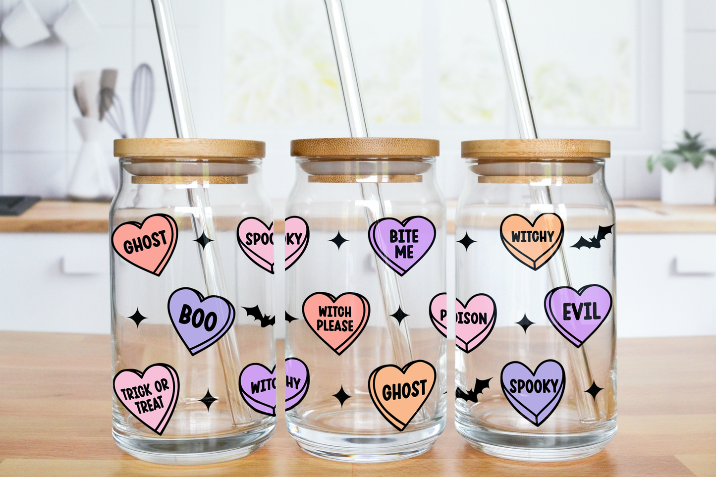 Halloween Spooky Candy Hearts - UV DTF 16 oz Libbey Cup Wrap (Ready to Ship)