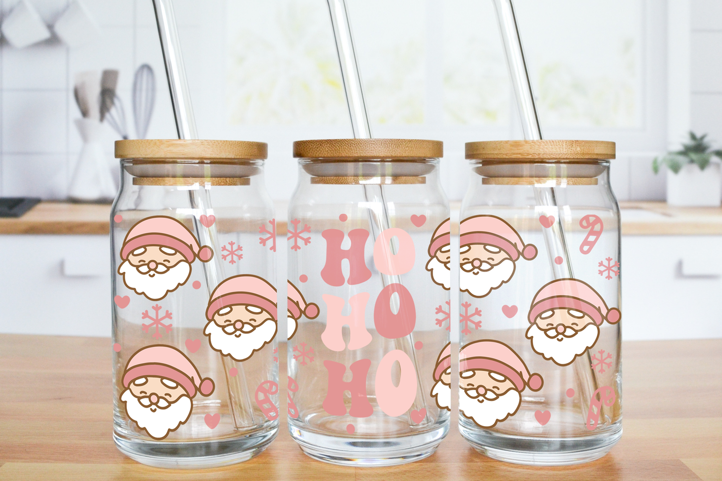 HoHoHo Pink Santas - UV DTF 16 oz Libbey Cup Wrap (Ready to Ship)