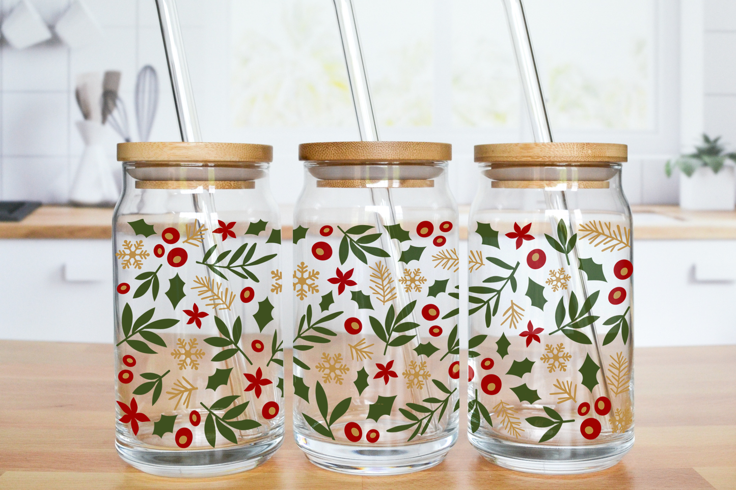 Holly Christmas - UV DTF 16 oz Libbey Cup Wrap (Ready to Ship)