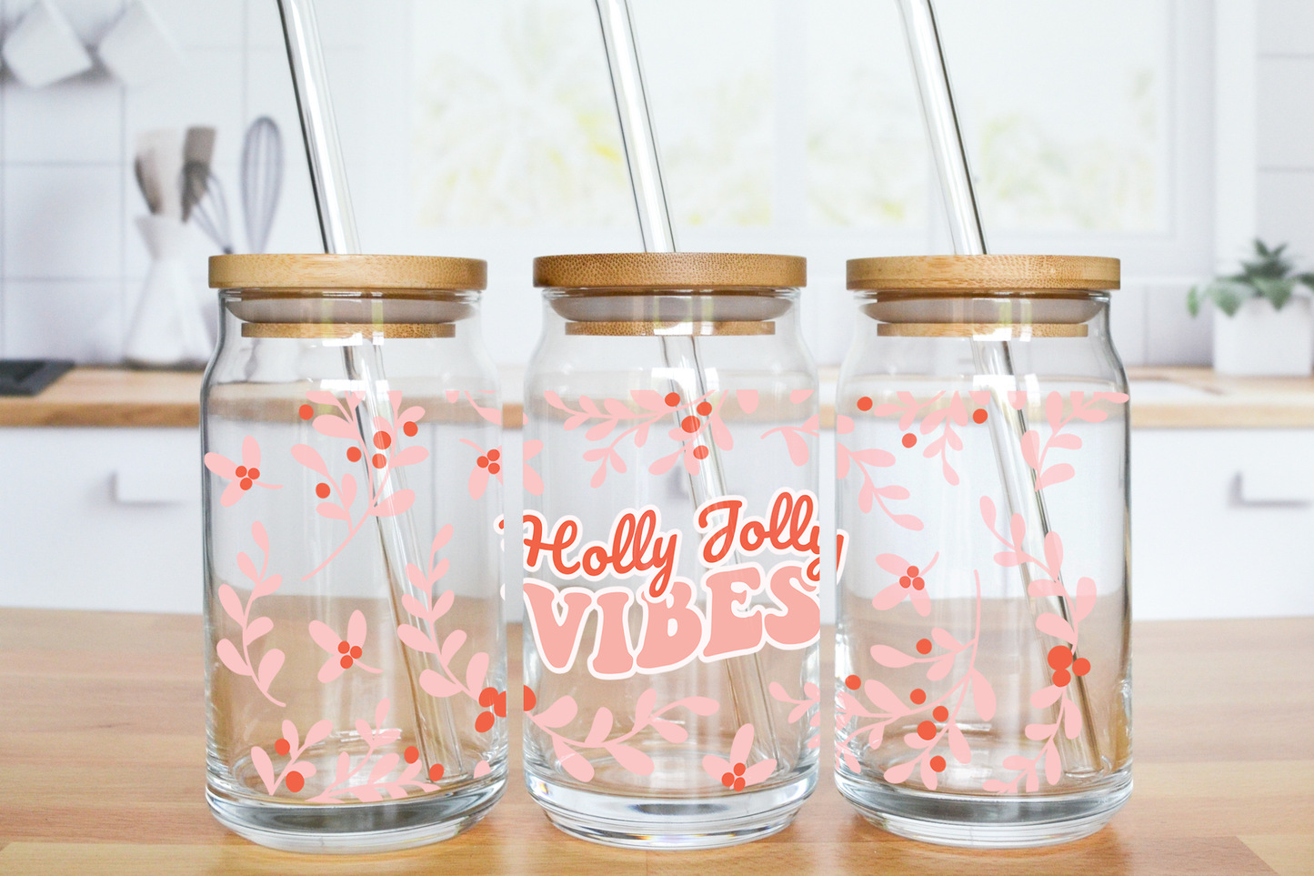 Holly Jolly Christmas - UV DTF 16 oz Libbey Cup Wrap (Ready to Ship)