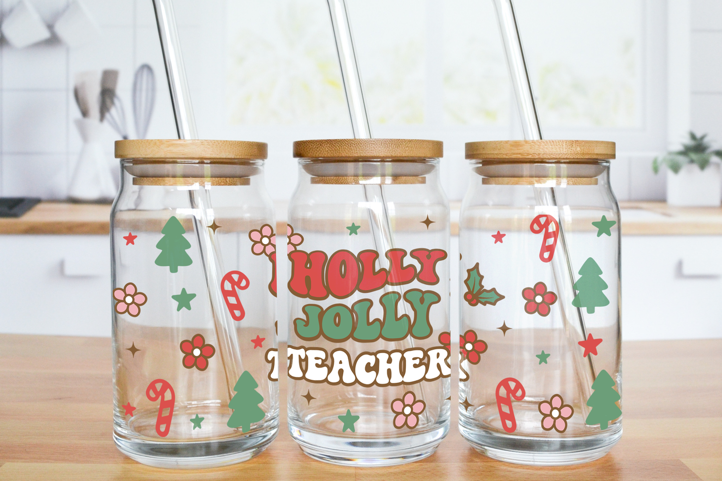Holly Jolly Teacher - UV DTF 16 oz Libbey Cup Wrap (Ready to Ship)
