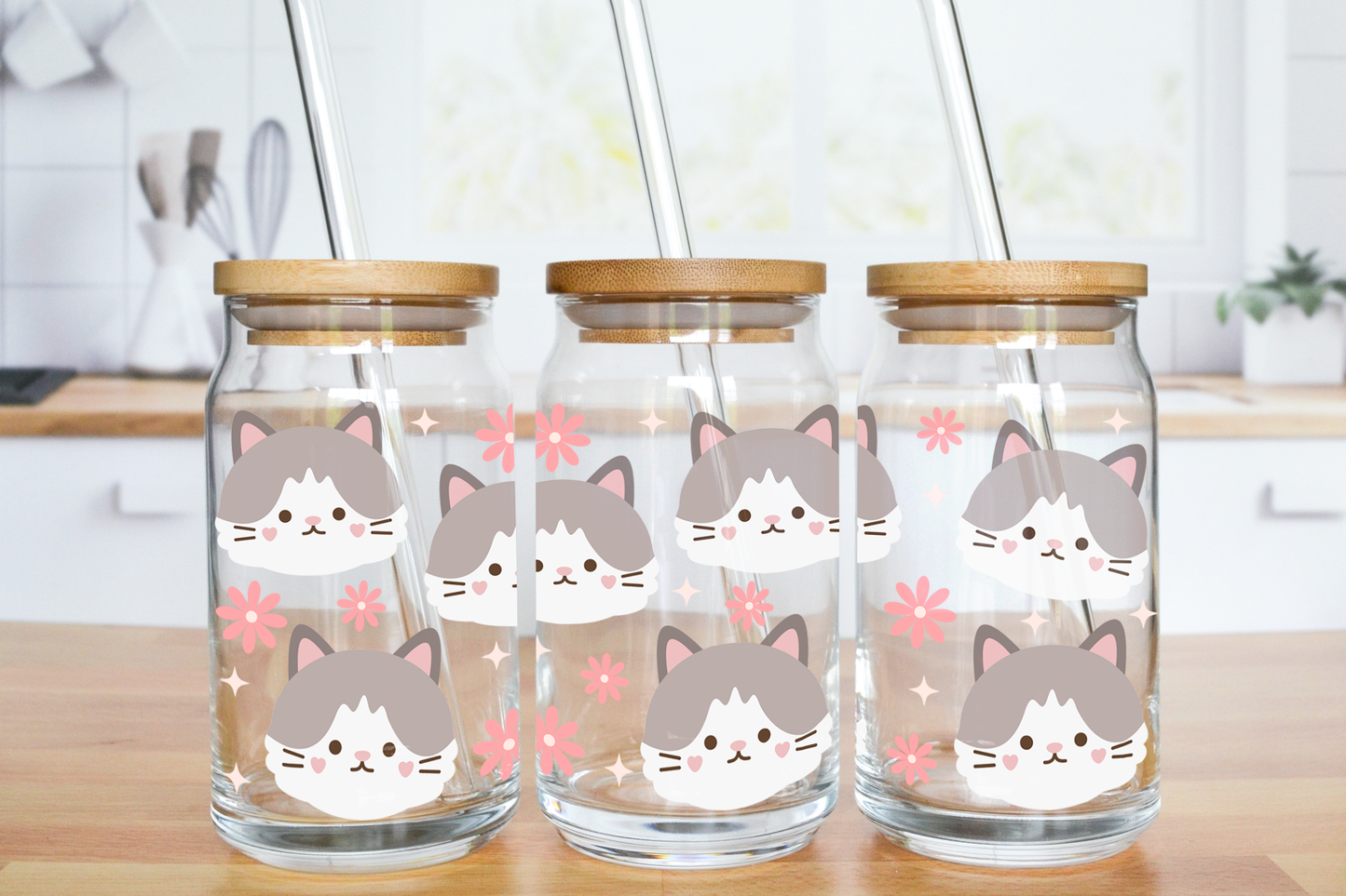 Kitty Faces - UV DTF 16 oz Libbey Cup Wrap (Ready to Ship)