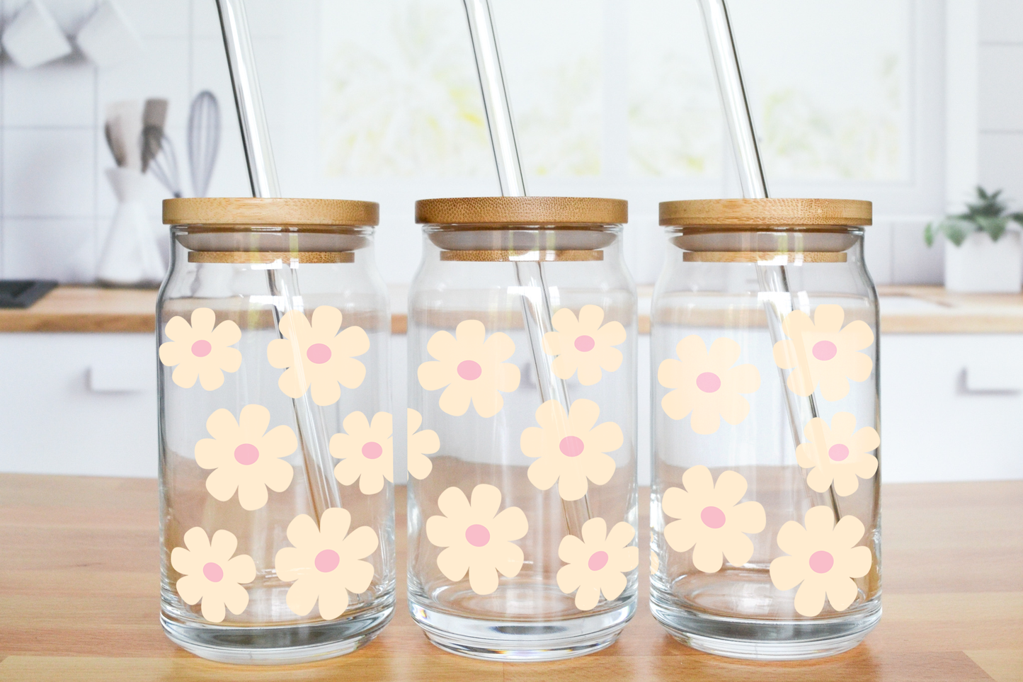 Light Cream Daisies - UV DTF 16 oz Libbey Cup Wrap (Ready to Ship)