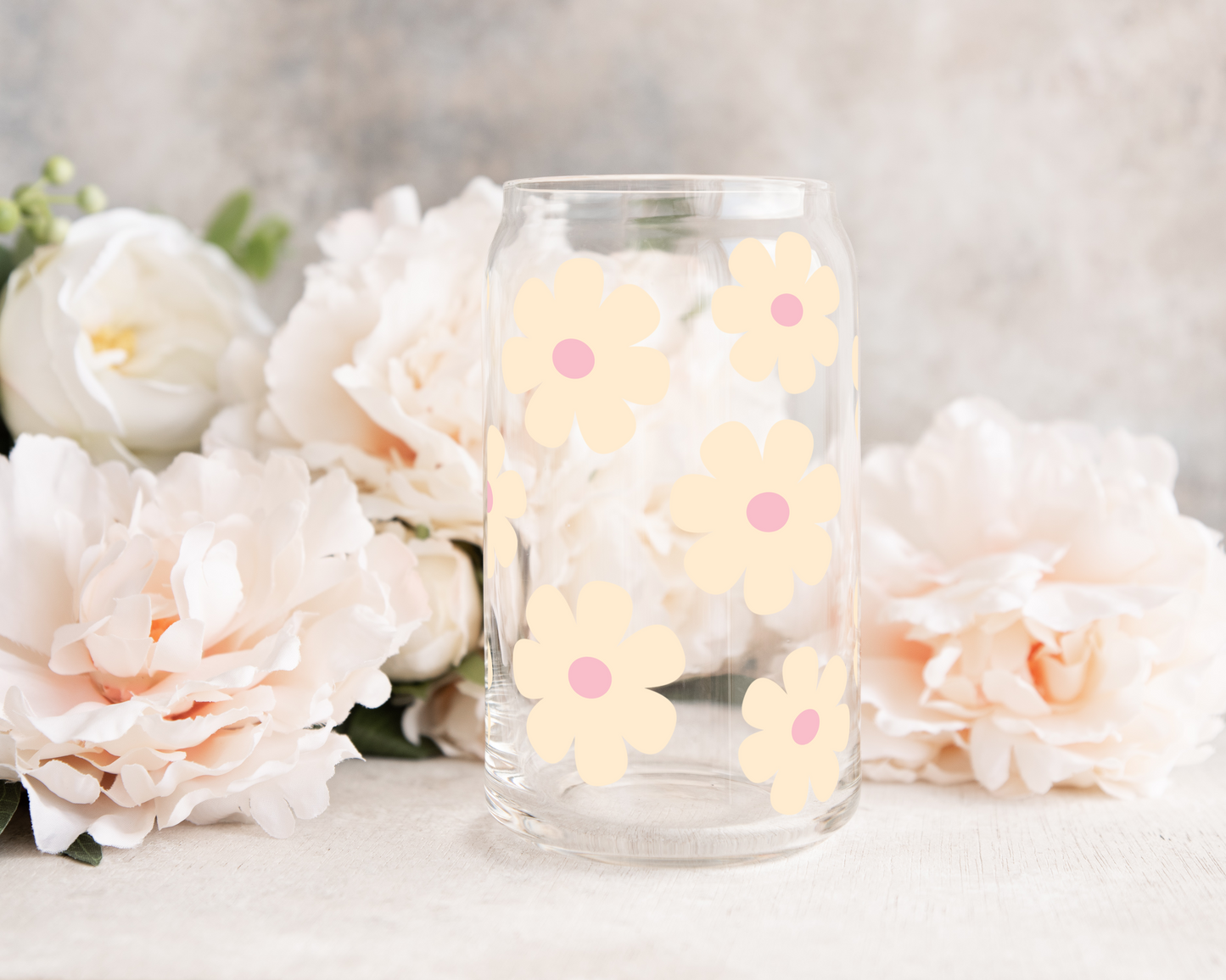 Light Cream Daisies - UV DTF 16 oz Libbey Cup Wrap (Ready to Ship)