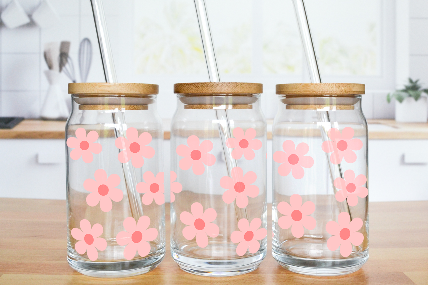 Medium Pink Daisies - UV DTF 16 oz Libbey Cup Wrap (Ready to Ship)