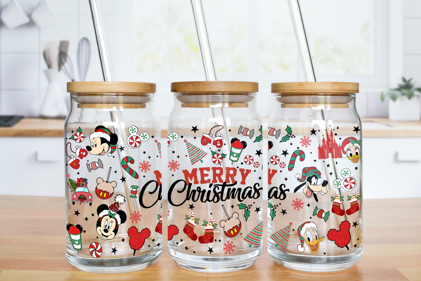 Merry Christmas Mouse and Friends - UV DTF 16 oz Libbey Cup Wrap (Ready to Ship)