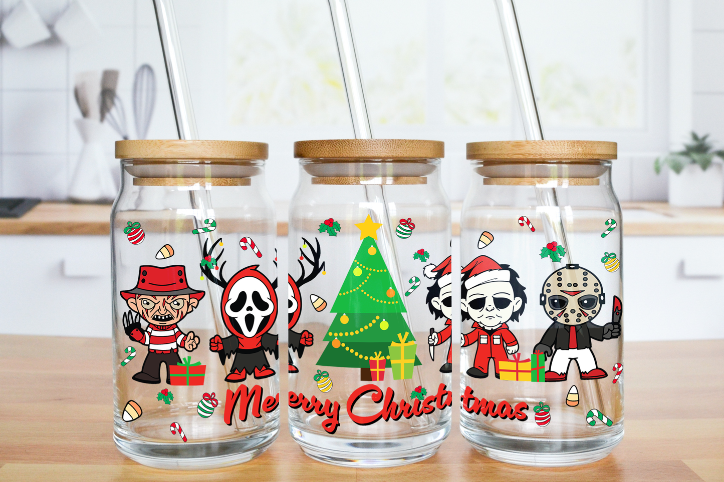 Merry Christmas Scary Friends - UV DTF 16 oz Libbey Cup Wrap (Ready to Ship)