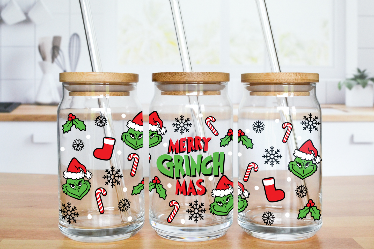 Merry Green Mas - UV DTF 16 oz Libbey Cup Wrap (Ready to Ship)