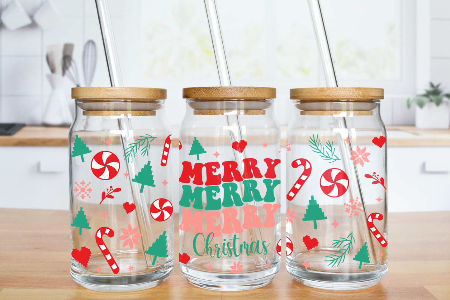 Merry Merry Merry Christmas - UV DTF 16 oz Libbey Cup Wrap (Ready to Ship)