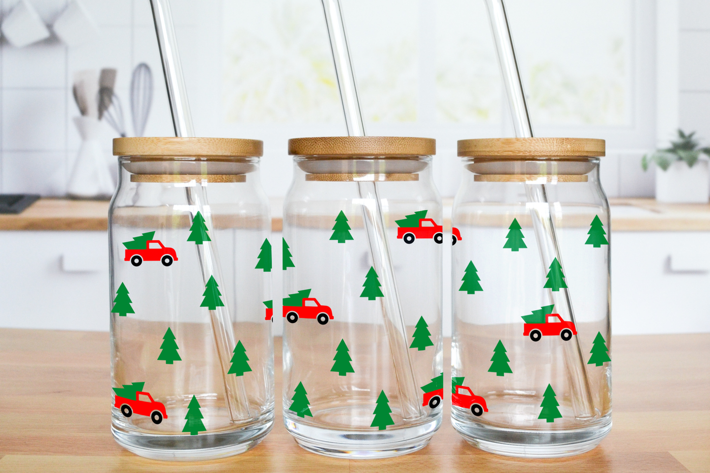 Mini Christmas Tree Trucks - UV DTF 16 oz Libbey Cup Wrap (Ready to Ship)