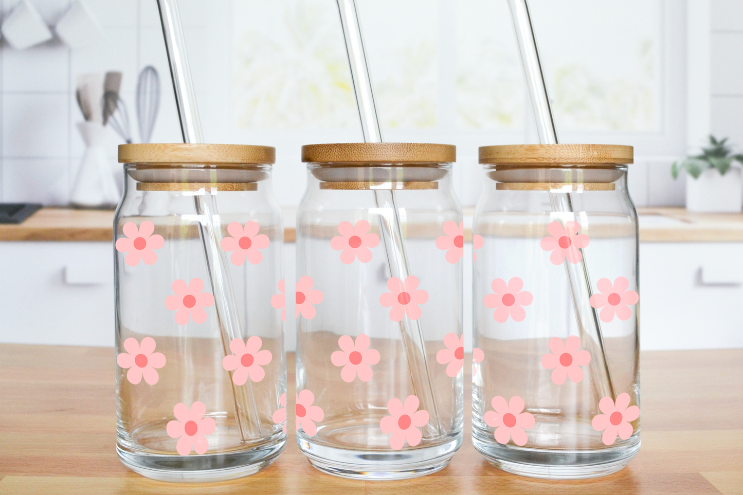 Mini Pink Daisy - UV DTF 16 oz Libbey Cup Wrap (Ready to Ship)