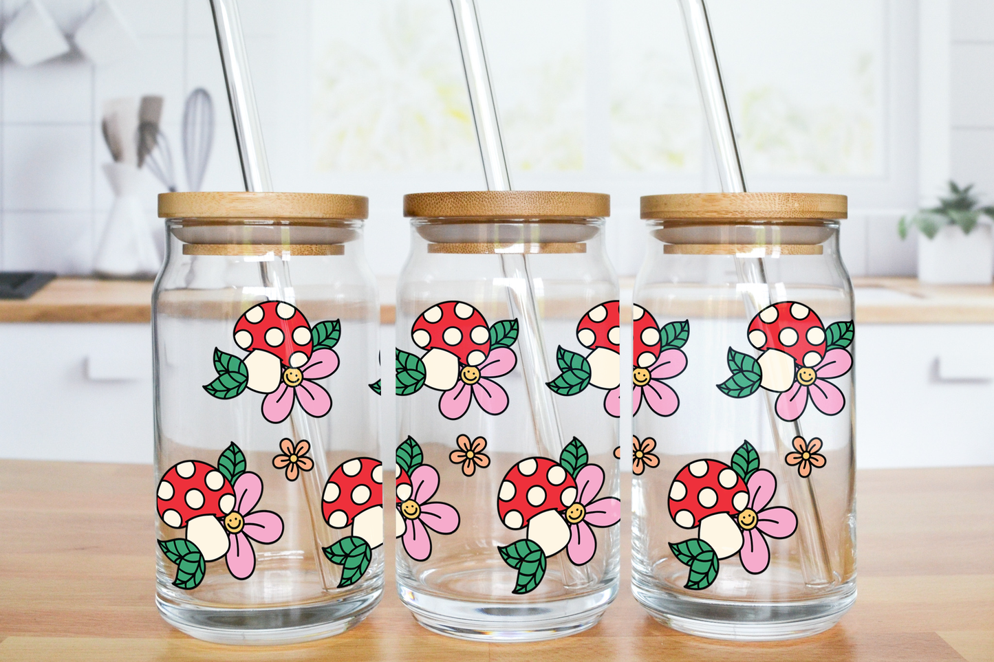 Mushroom Smileys - UV DTF 16 oz Libbey Cup Wrap (Ready to Ship)
