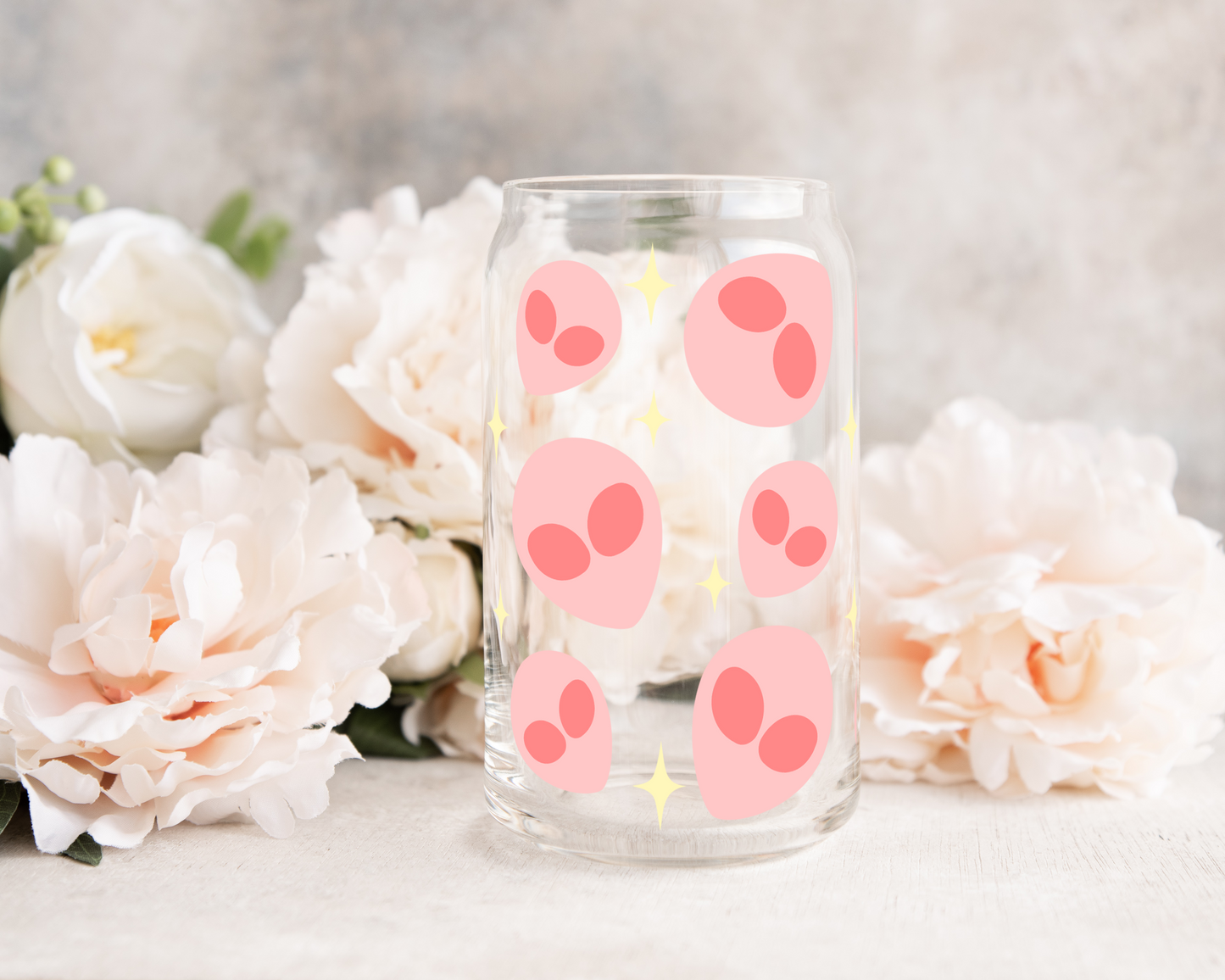 Pink Alien Face - UV DTF 16 oz Libbey Cup Wrap (Ready to Ship)