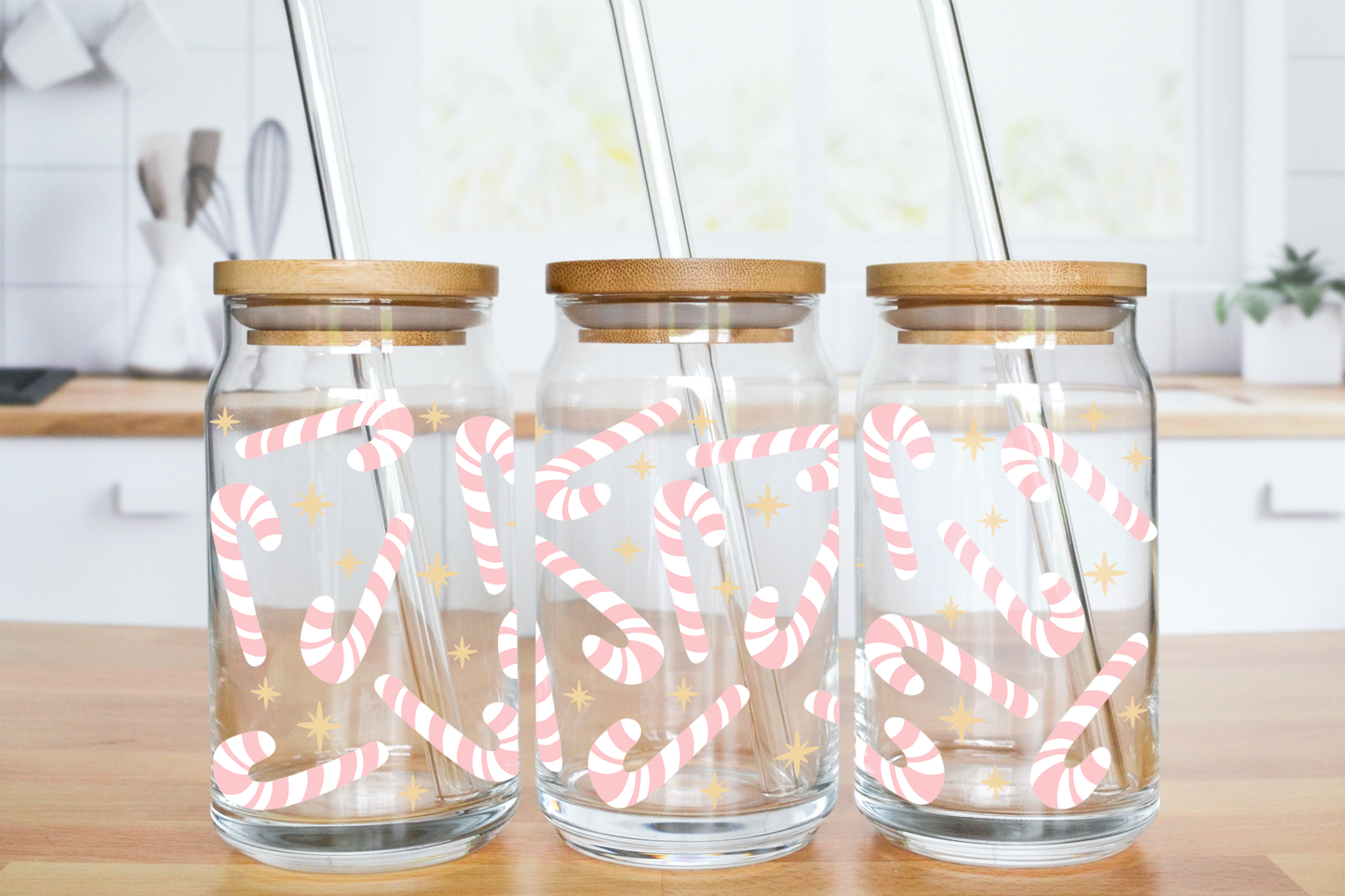 Pink Candy Canes - UV DTF 16 oz Libbey Cup Wrap (Ready to Ship)