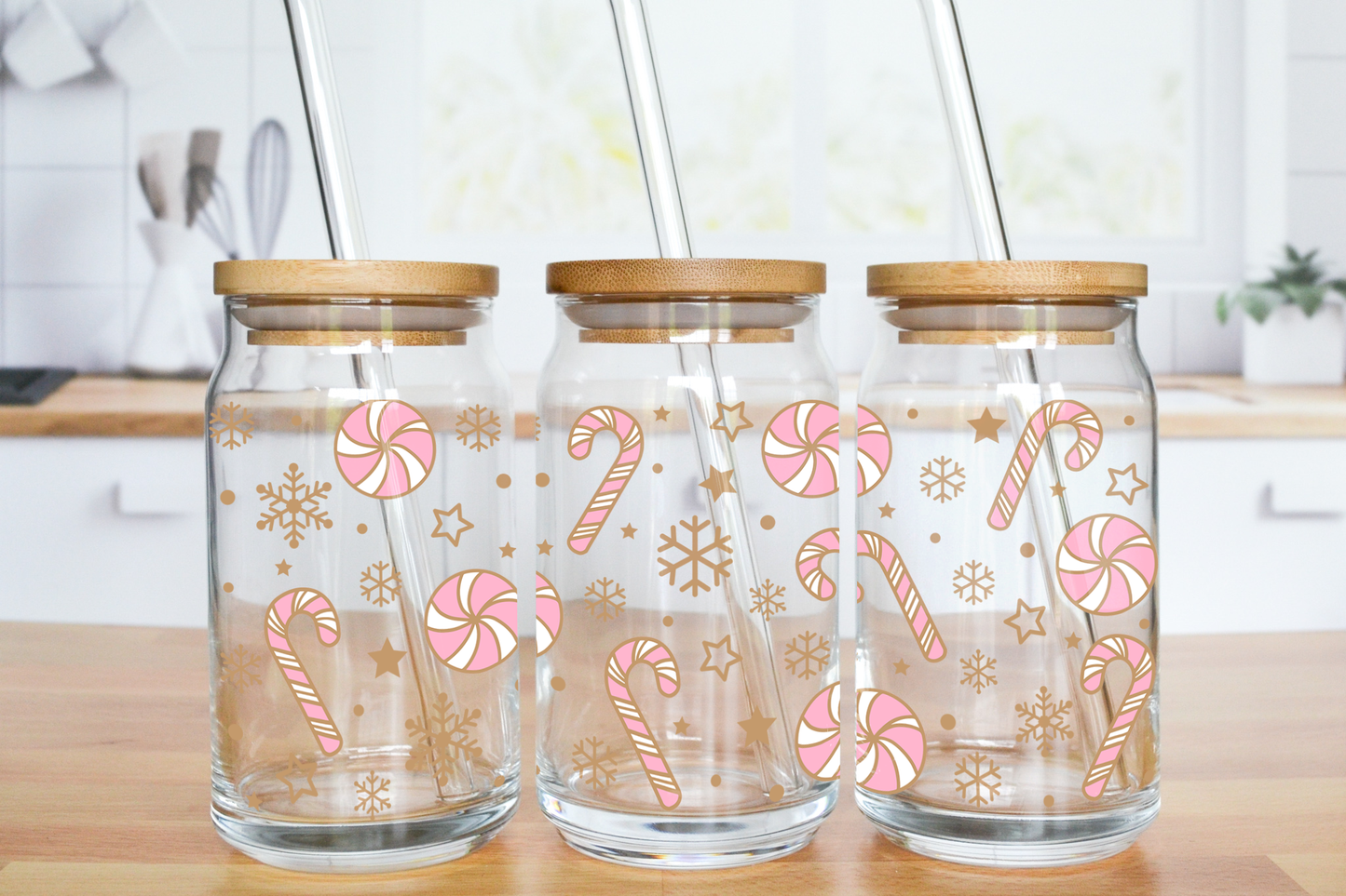 Pink Christmas Candies - UV DTF 16 oz Libbey Cup Wrap (Ready to Ship)