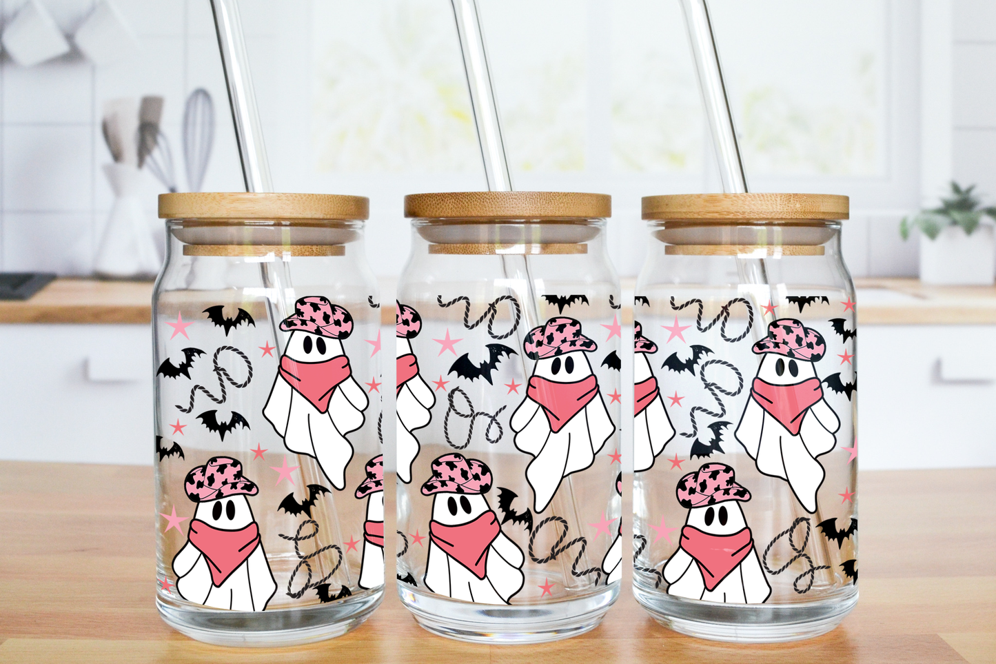 Pink Cowgirl Ghosties - UV DTF 16 oz Libbey Cup Wrap (Ready to Ship)