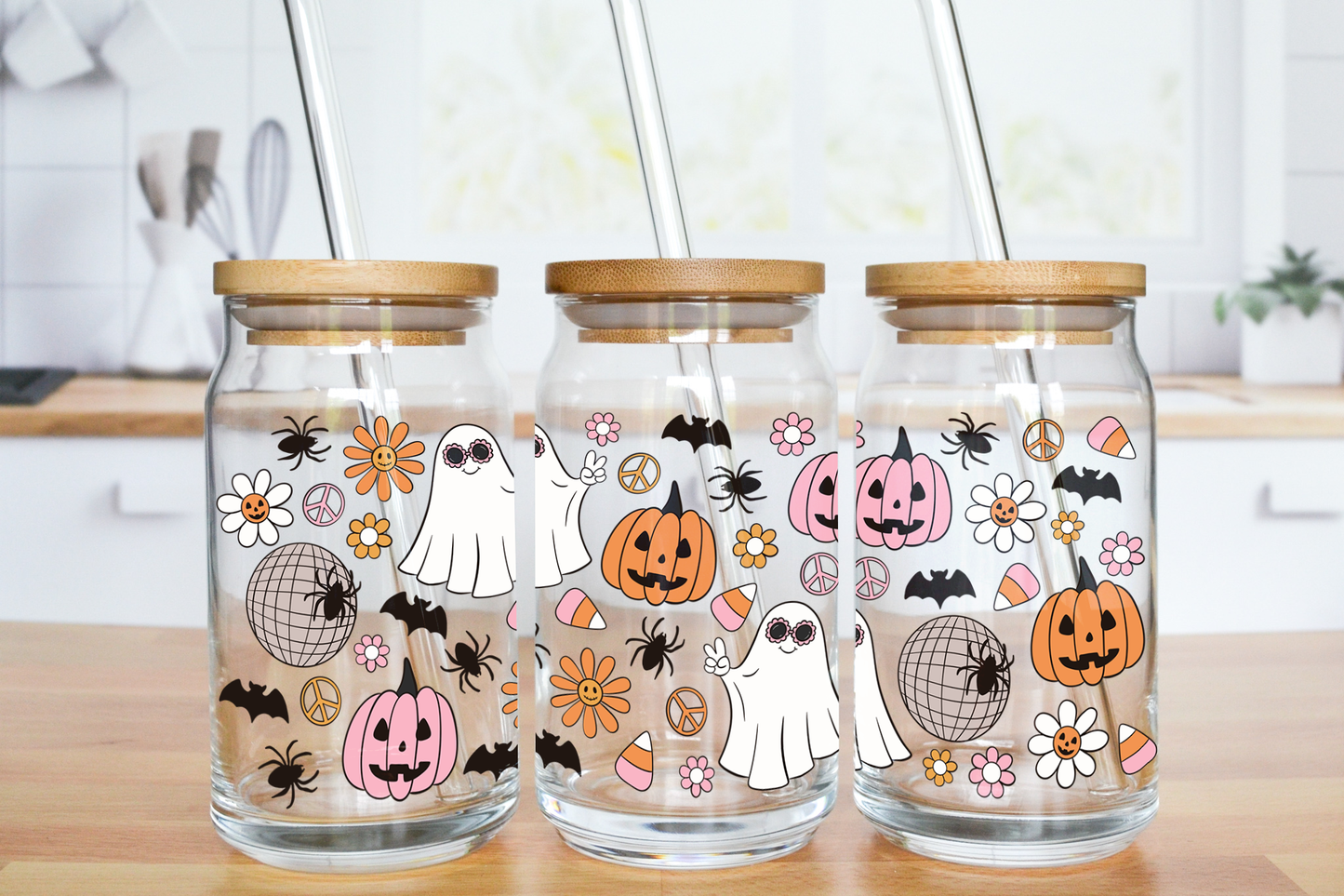 Pink Groovy Halloween - UV DTF 16 oz Libbey Cup Wrap (Ready to Ship)