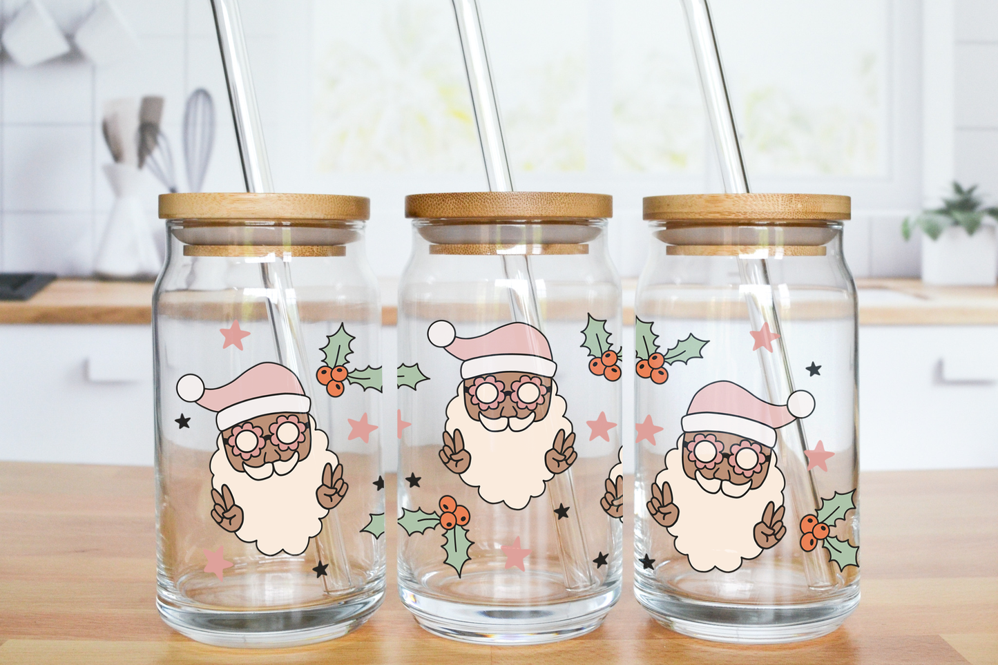 Pink Hat Santa - UV DTF 16 oz Libbey Cup Wrap (Ready to Ship)