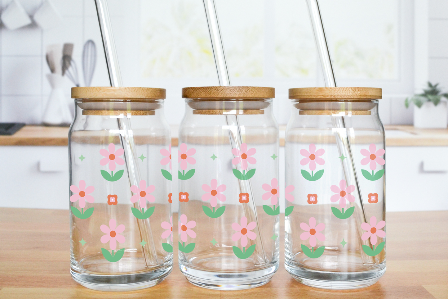 Pink Retro Flowers - UV DTF 16 oz Libbey Cup Wrap (Ready to Ship)