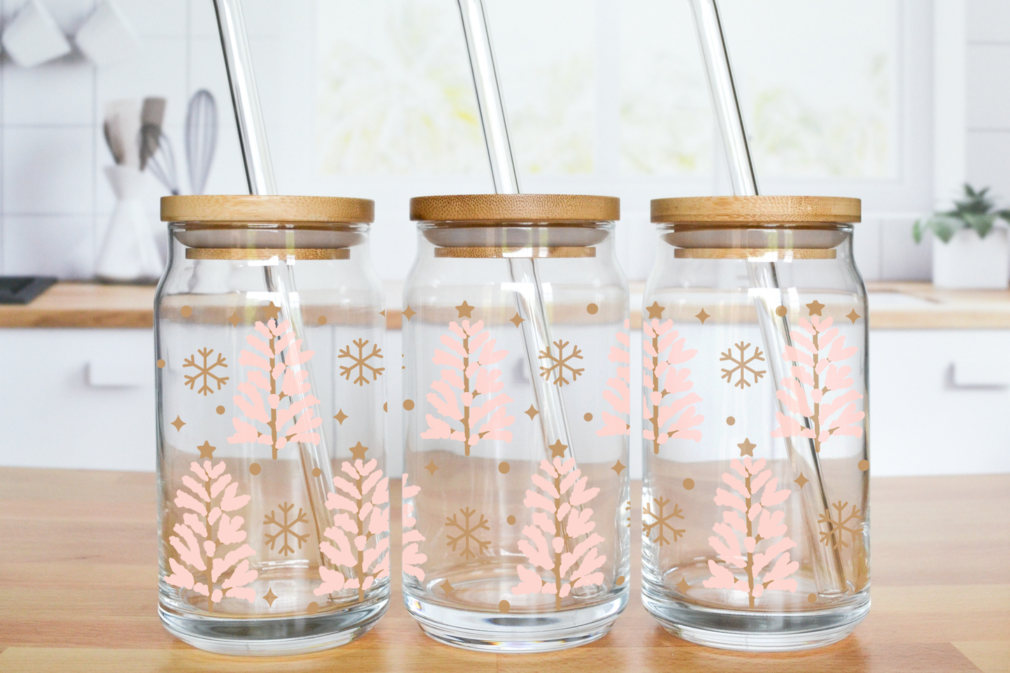 Pink Snow Christmas Trees - UV DTF 16 oz Libbey Cup Wrap (Ready to Ship)