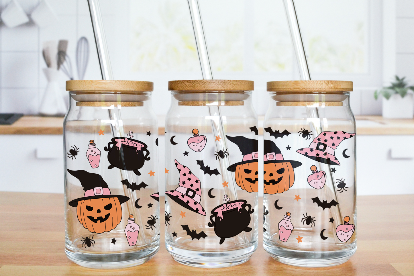 Pink Witch Halloween Theme - UV DTF 16 oz Libbey Cup Wrap (Ready to Ship)
