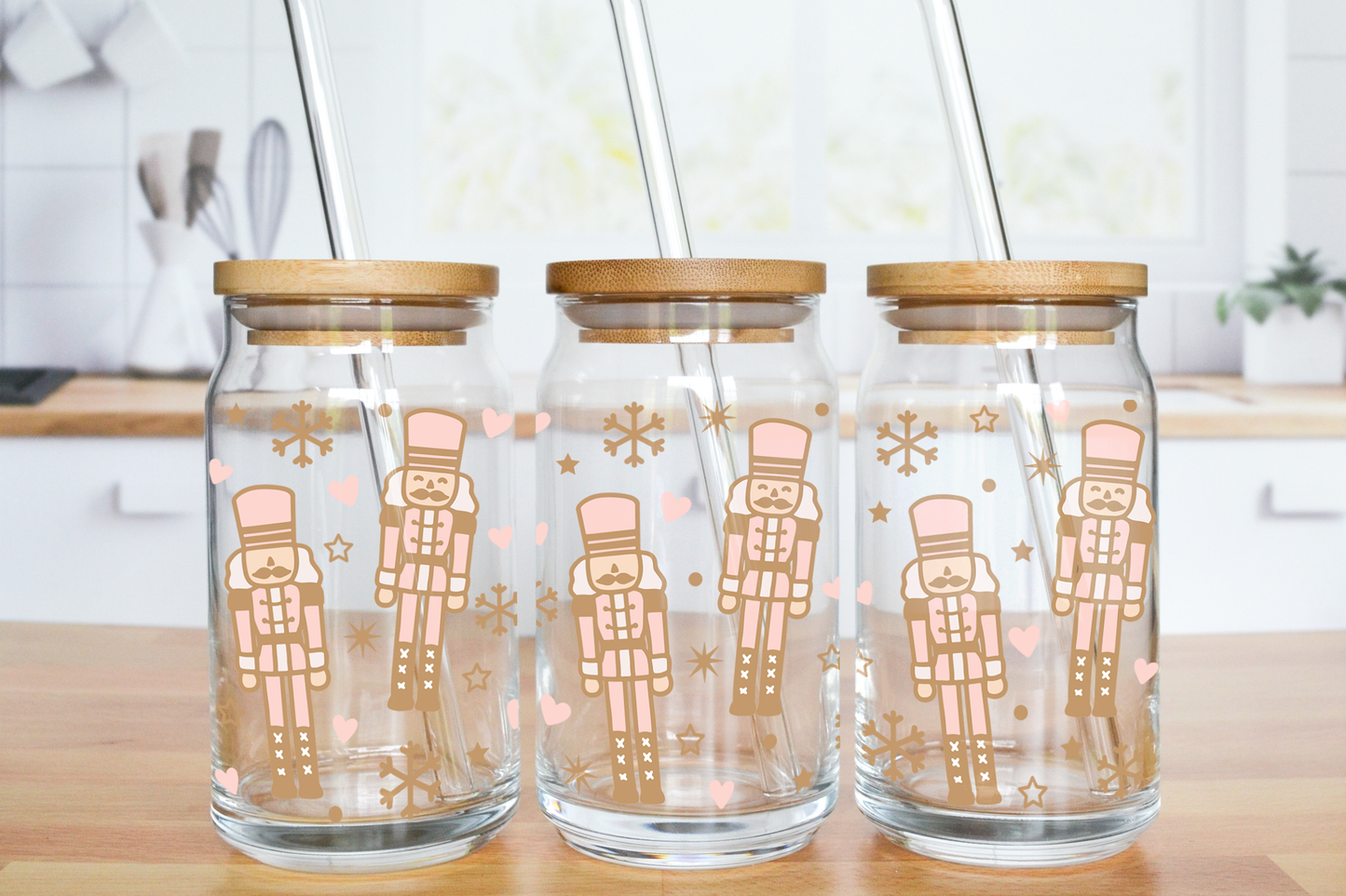 Pink and Gold Nutcrackers - UV DTF 16 oz Libbey Cup Wrap (Ready to Ship)