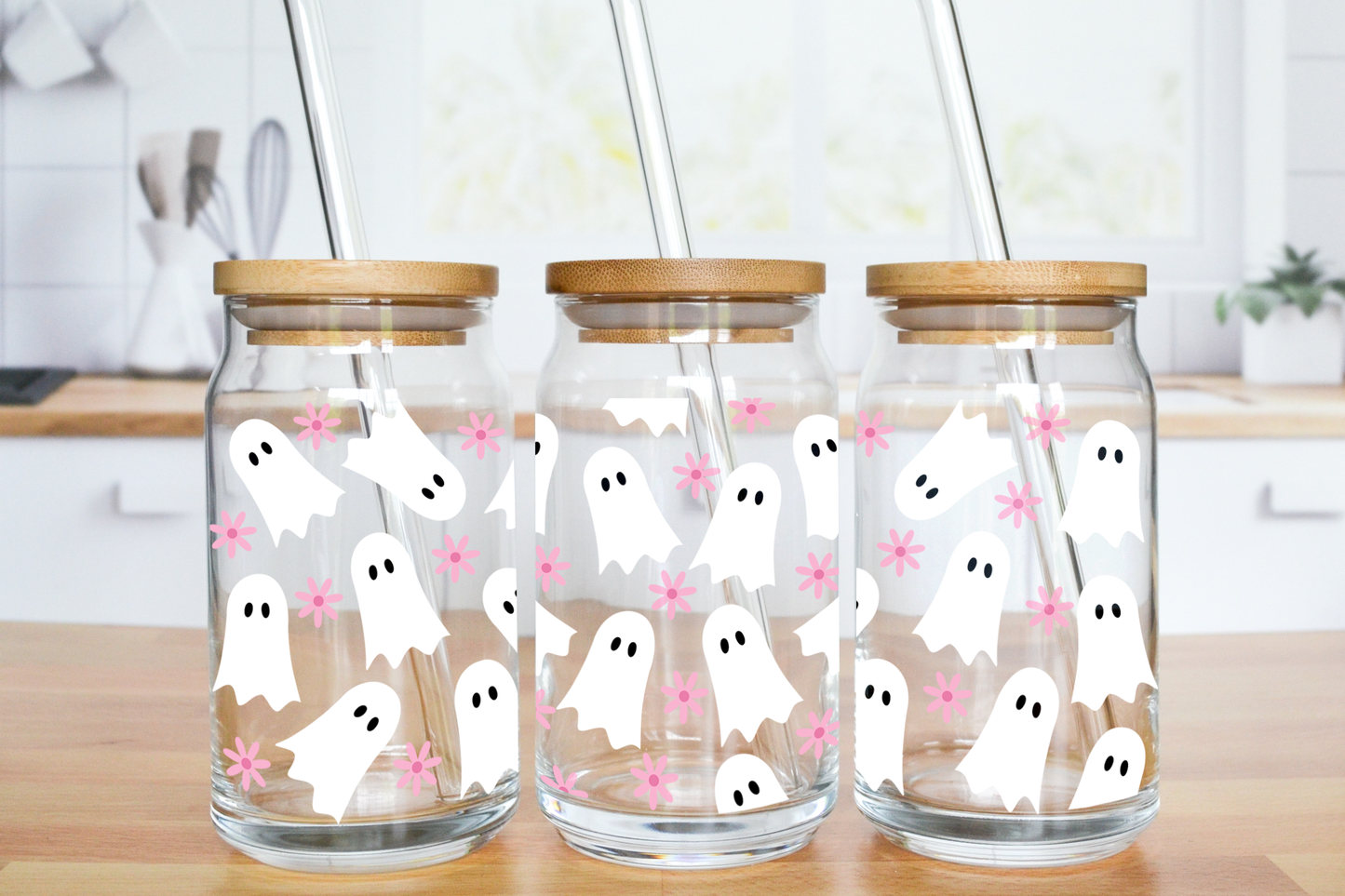 Pretty Ghosties with Daisies - UV DTF 16 oz Libbey Cup Wrap (Ready to Ship)