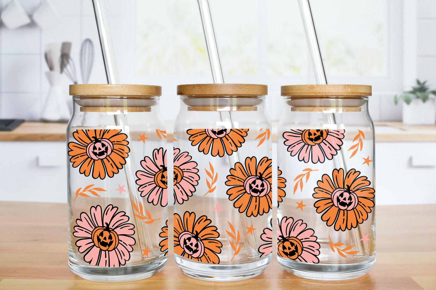 Pumpkin Daisy Flower - UV DTF 16 oz Libbey Cup Wrap (Ready to Ship)