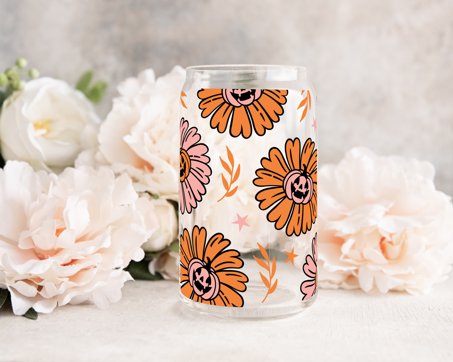 Pumpkin Daisy Flower - UV DTF 16 oz Libbey Cup Wrap (Ready to Ship)