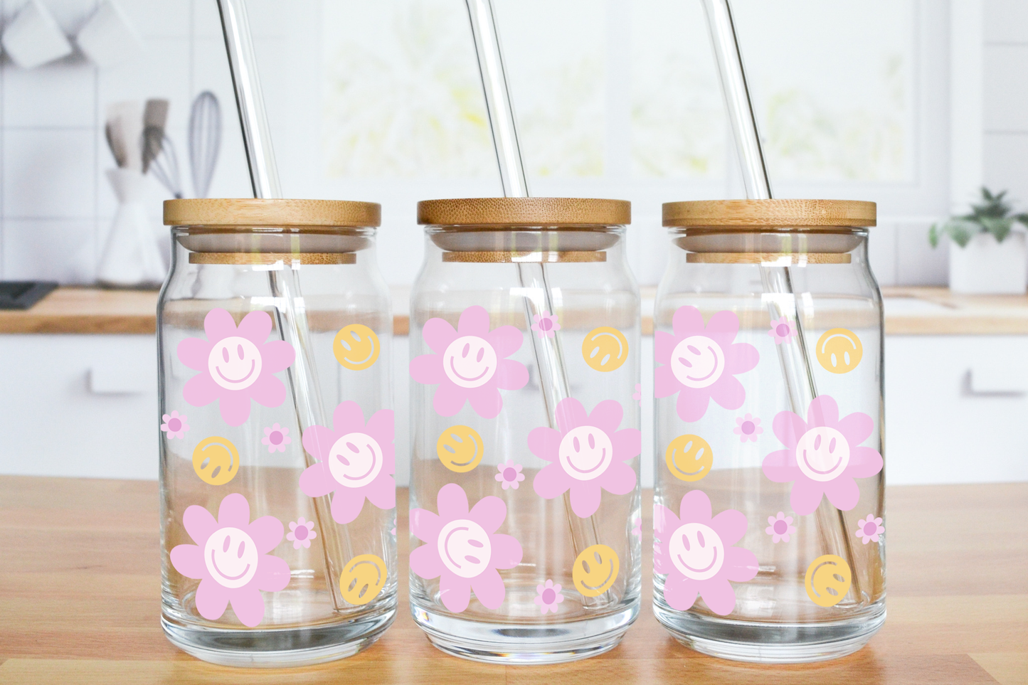 Purple Flower Smileys - UV DTF 16 oz Libbey Cup Wrap (Ready to Ship)