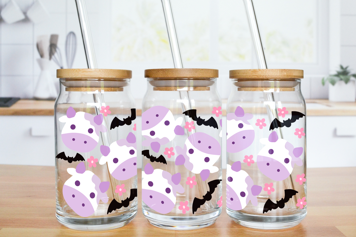 Purple Spooky Cow - UV DTF 16 oz Libbey Cup Wrap (Ready to Ship)