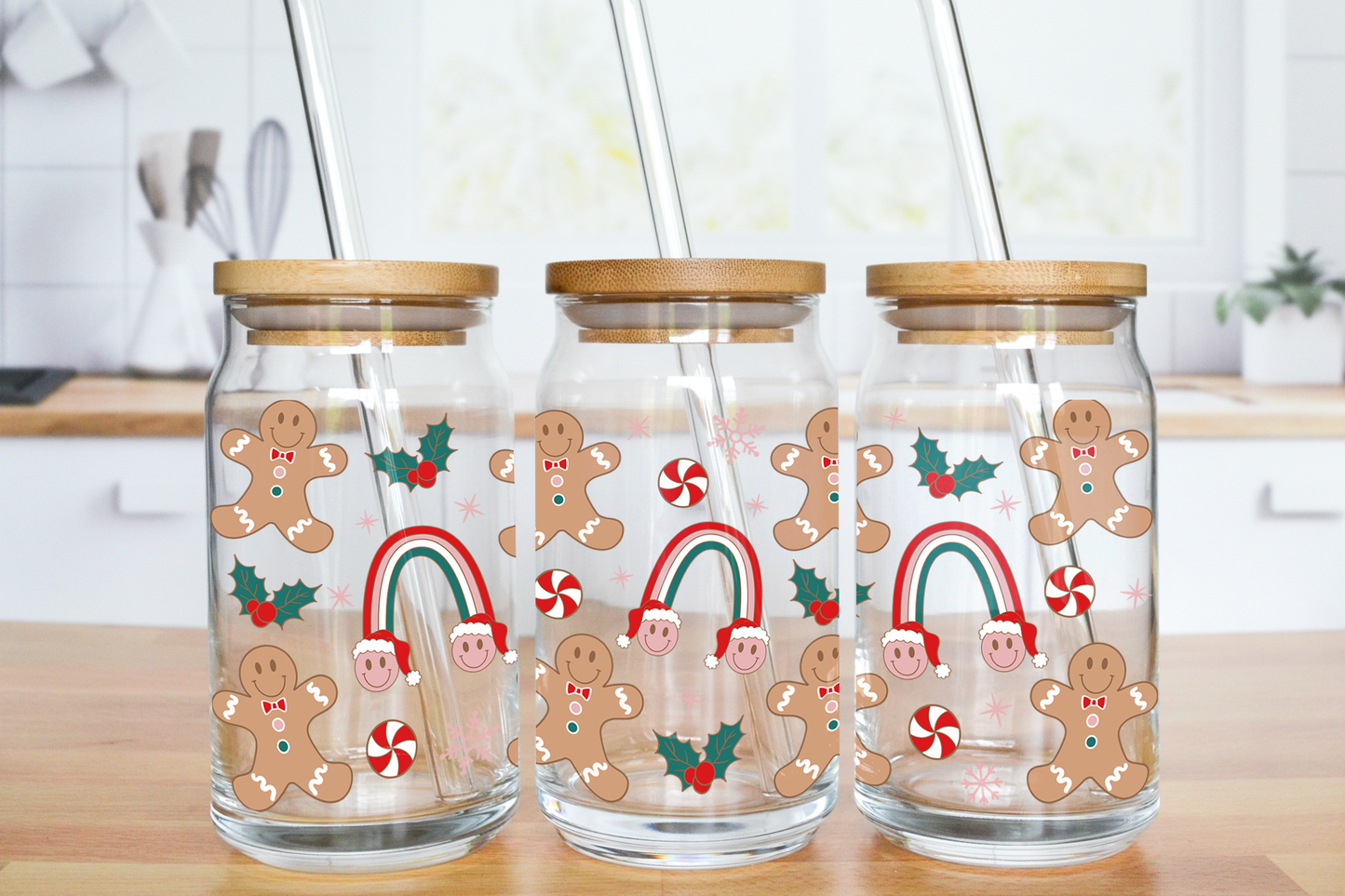 Rainbow Christmas Gingerbread - UV DTF 16 oz Libbey Cup Wrap (Ready to Ship)