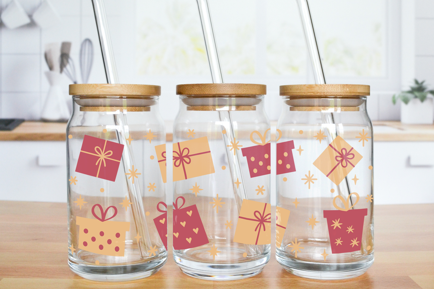 Red and Gold Christmas Presents - UV DTF 16 oz Libbey Cup Wrap (Ready to Ship)