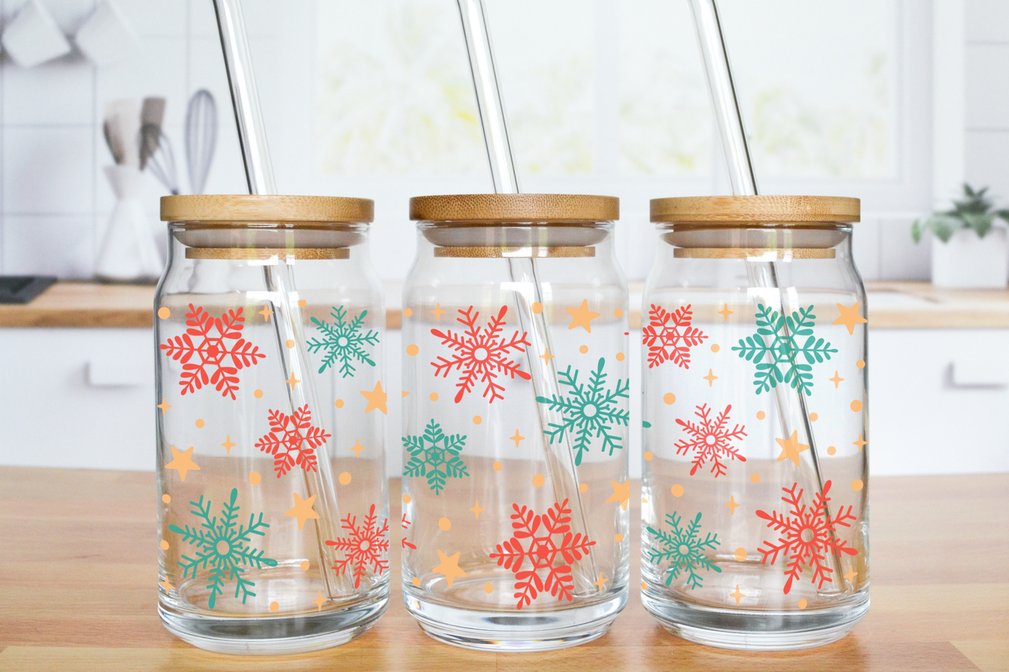 Red and Green Snowflakes - UV DTF 16 oz Libbey Cup Wrap (Ready to Ship)