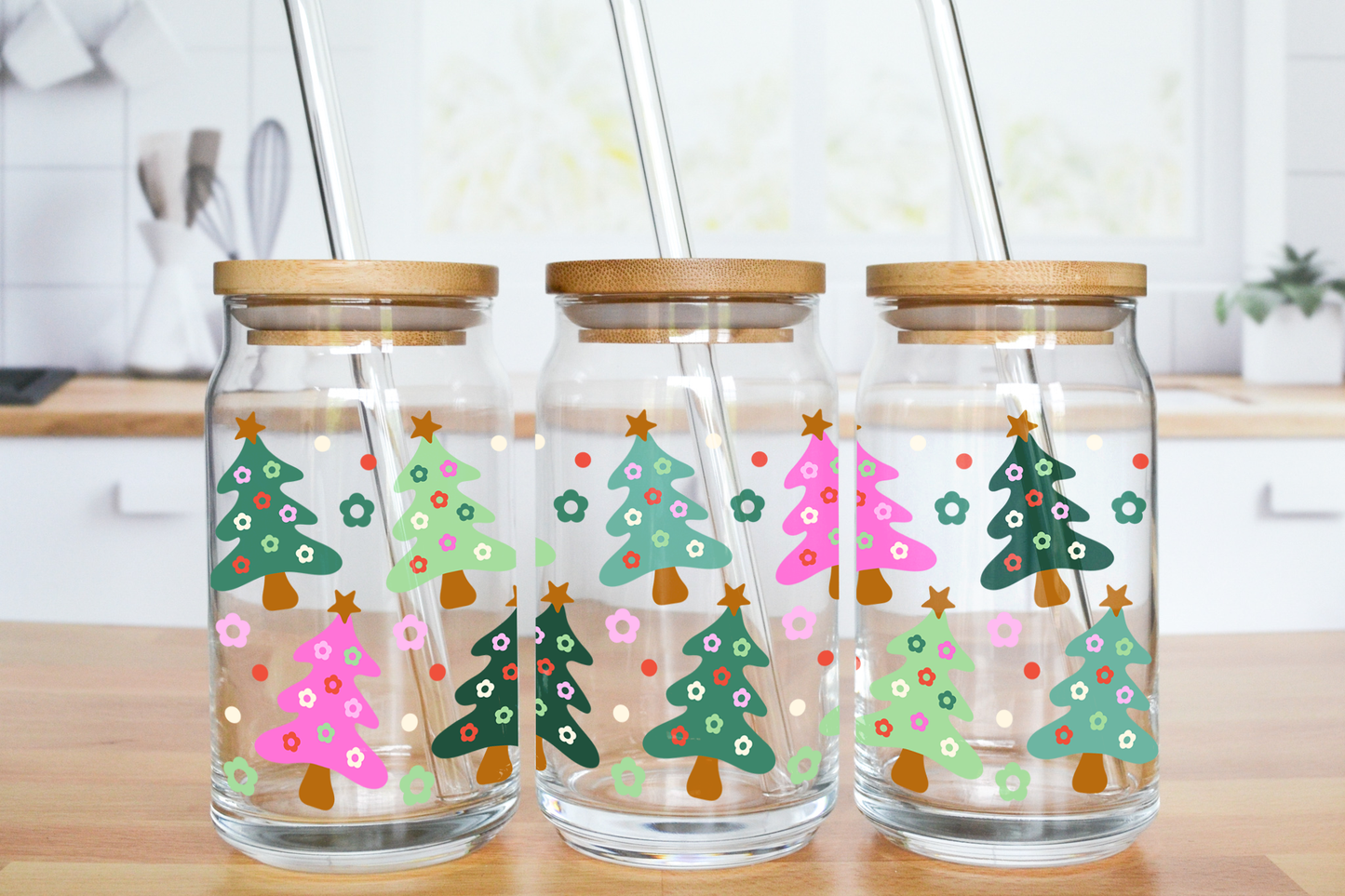 Retro Christmas Tree Daisies - UV DTF 16 oz Libbey Cup Wrap (Ready to Ship)