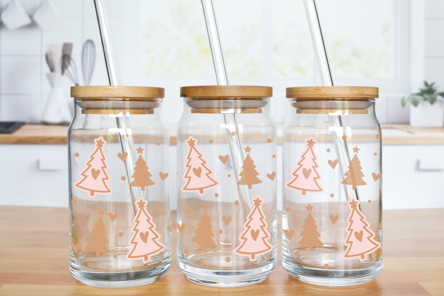 Rose Gold Christmas Tree Heart - UV DTF 16 oz Libbey Cup Wrap (Ready to Ship)