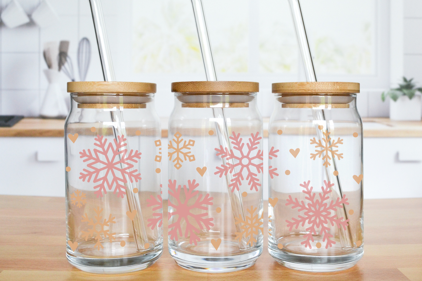 Rose and Gold Snowflakes - UV DTF 16 oz Libbey Cup Wrap (Ready to Ship)