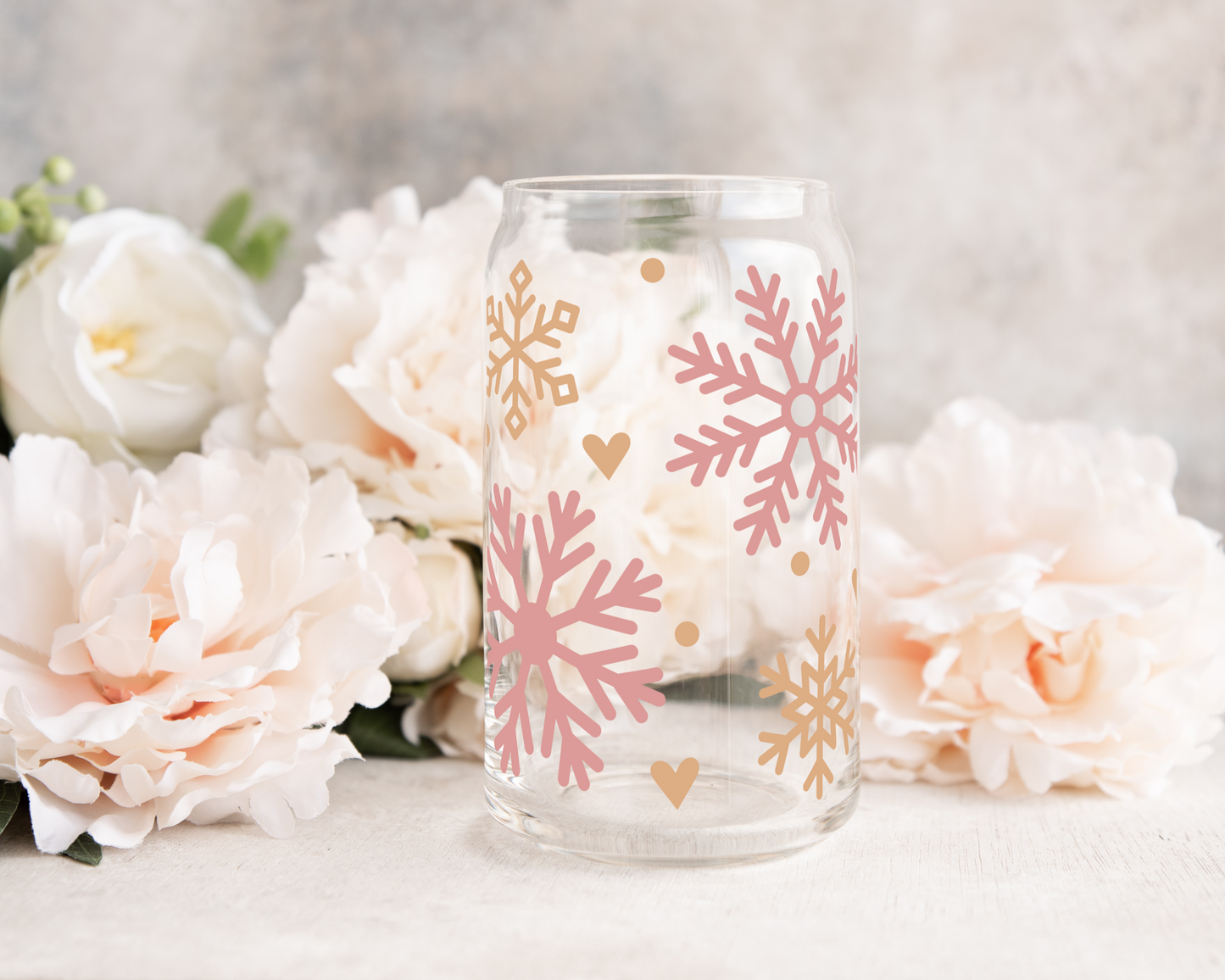 Rose and Gold Snowflakes - UV DTF 16 oz Libbey Cup Wrap (Ready to Ship)