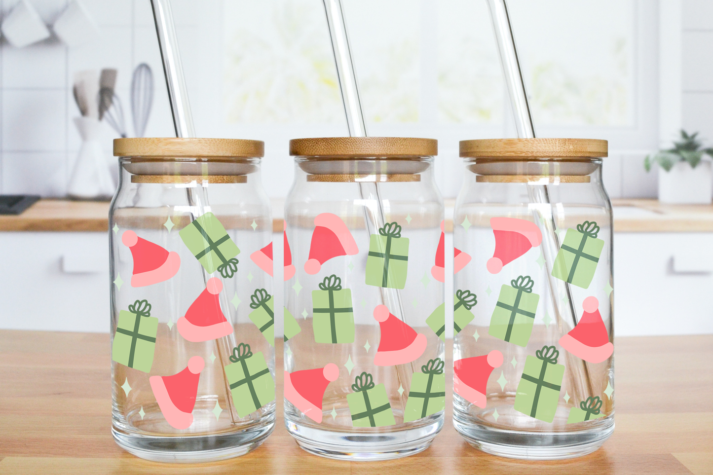 Santa Hat and Presents - UV DTF 16 oz Libbey Cup Wrap (Ready to Ship)