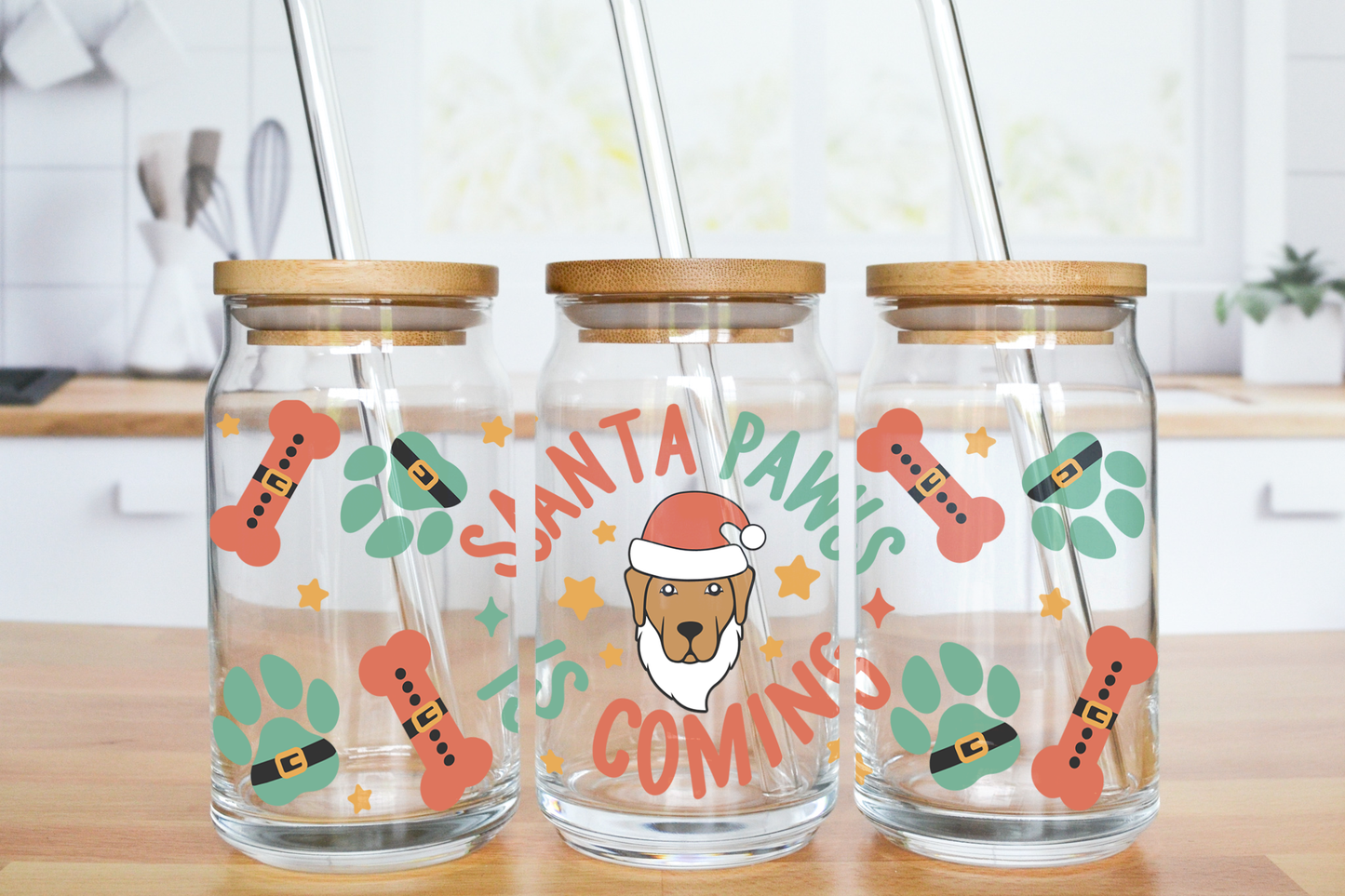 Santa Paws Is Coming - UV DTF 16 oz Libbey Cup Wrap (Ready to Ship)